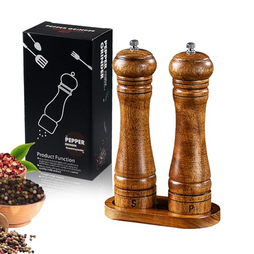 2er Salz und Pfeffermühle Holz,Pfeffer und Salzmühle Holz Mit Untersetzer,Gewürzmühlen Set groß mit Verstellbarem Keramikmahlwerk für Gewürze Pfeffer Salz(21CM) von TWINFALCONS