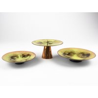 Gelb Grün Emailliertes Kupfer-Set, Vintage Kupferschale, Kerzenständer, Mid Century 50Er 60Er Jahre von TWISTandPOP