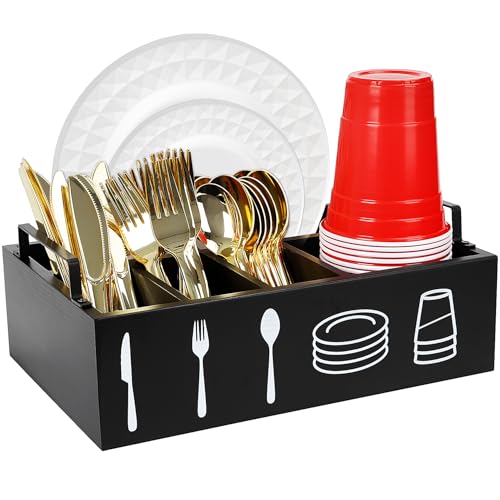 TWIZIUAO Pappteller-Halter für Küchenarbeitsplatte, Holz-Utensilienhalter, Besteck-Organizer mit großem Getränkehalter und Caddy für Küche, Picknick, Party, Grill, Schwarz von TWIZIUAO