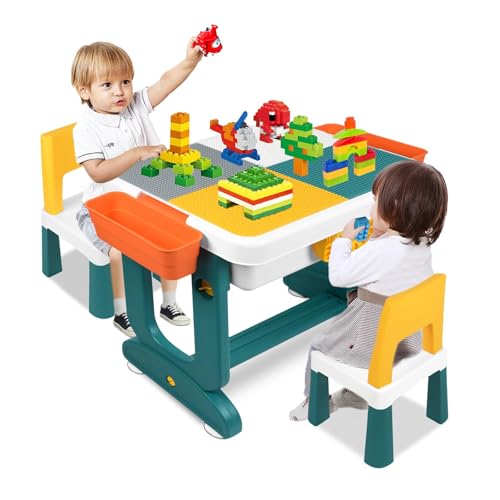 TWOLIIN Kindertisch mit 2 Stühle Spieltisch, Kinder Tisch Stuhl Multifunktionaler Aktivitätstisch, Baustein Tisch Stuhl Set mit 300 Stück Bausteine, und Stauraum TWOLIIN Kindertisch mit 2 Stühle Spieltisch, Kinder Tisch Stuhl Multifunktionaler Aktivitätstisch, Baustein Tisch Stuhl Set mit 300 Stück Bausteine, und Stauraum von TWOLIIN