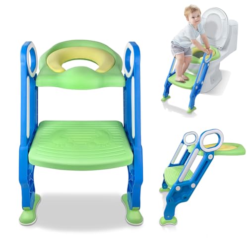 TWOLIIN Toilettensitz Kinder mit Treppe, Verstellbarer Toilettentrainer Lerntöpfchen mit PU-Sitzkissen und Griffe, Faltbar WC Sitz für Kleinkinder (Blau und Grün) von TWOLIIN