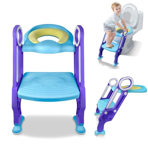 TWOLIIN Toilettensitz Kinder mit Treppe, Verstellbarer Toilettentrainer Lerntöpfchen mit PU-Sitzkissen und Griffe, Faltbar WC Sitz für Kleinkinder (Blau und Lila) von TWOLIIN