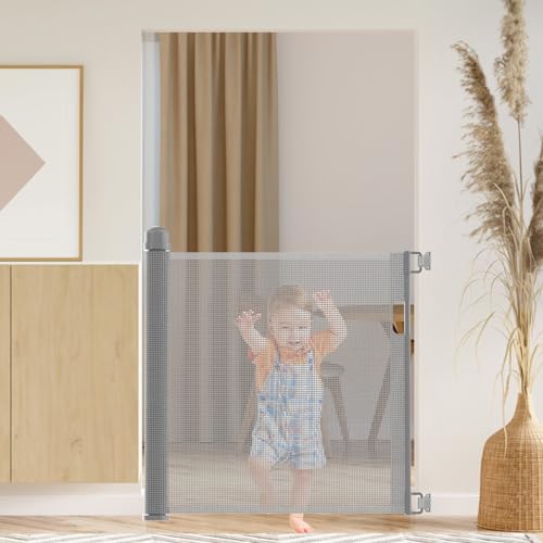 TWOLIIN Treppenschutzgitter Ausziehbar 0-150 cm Türschutzgitter Baby Absperrgitter Treppenschutzrollo Schutzgitter für Kinder Katzen und Hunde, Einhändig Bedienbar, Grau von TWOLIIN