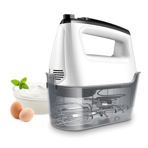 Handmixer Elektrisch Handrührgerät 6 Stufen Plus Turbo Kein Spritzen Mixer Handrührer mit Aufbewahrungskiste,5*Edelstahl Zubehör, Weiß 400W Leiser Motor von TWOMEOW