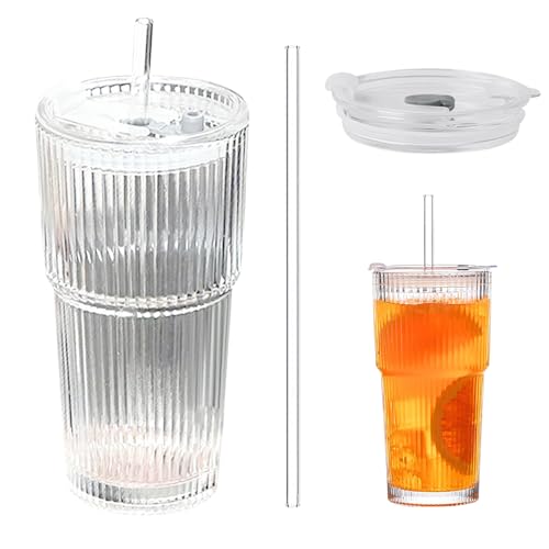 2 Stück 600ml Gerippte Glasbecher mit Deckel und Strohhalm,Glas Wasserbecher,dickwandige robuste Smoothie Becher,luftdichtes wasserdichtes Design,Kaffeebecher für iced Coffee Saft Latte Wasser (1pcs) von TWSOUL
