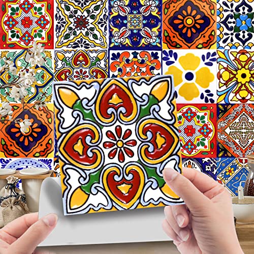 24 stück Wandfliesenaufkleber, Bunt Wandfliese Aufkleber, DIY Marokkanischer Fliesenaufkleber, Selbstklebende Tapete für Küche Wohnzimmer (10x10 cm) von TWSOUL
