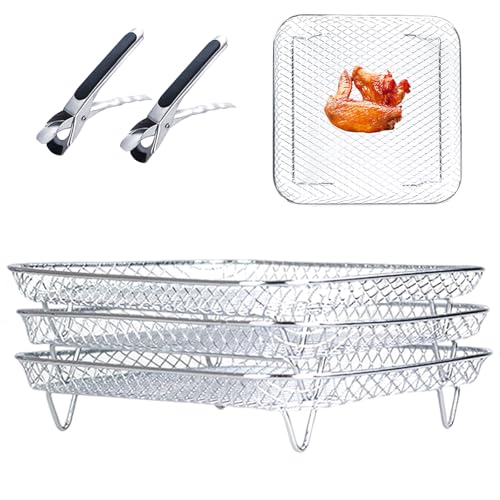 Frytter 3er Set Stapelbare Körbe für Airfryer+2 Zangen,Edelstahl Air Fryer Racks Korb,Luftfritteusen-Regal,Stapelbar Luftfritteuse Racks,Heißluftfritteuse Racks,körbe für airfryer (Quadrat 20*20*9cm) von TWSOUL