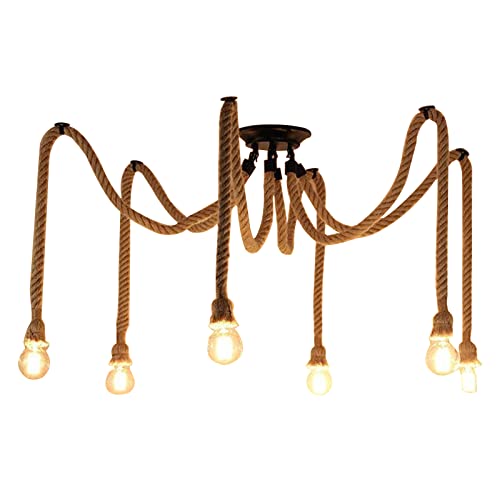 Retro Hanfseil Industrie Kronleuchter, Hemp Rope Light mit 1/3/6 Lichter,DIY Hanfseil Vintage Hängenden Pendelleuchte mit E27 Lampenfassungen, für Wohnzimmer,Restaurant Halle,Stab,Café (6 Köpfe) von TWSOUL