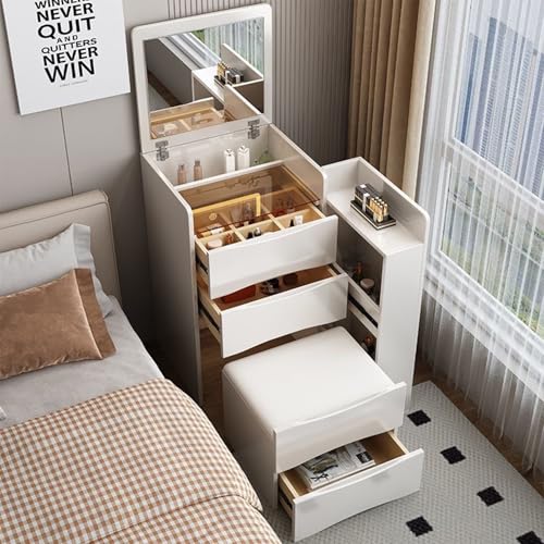 TWSOUL 3 in 1 Schminktisch mit Klappspiegel und LED, Kommode Ecke mit Hocker, Kosmetiktisch für Schlafzimmer, Schminktisch Klein, 4 Schubladen, für Wohnung, Kleines Zimmer, Weiß TWSOUL 3 in 1 Schminktisch mit Klappspiegel und LED, Kommode Ecke mit Hocker, Kosmetiktisch für Schlafzimmer, Schminktisch Klein, 4 Schubladen, für Wohnung, Kleines Zimmer, Weiß von TWSOUL