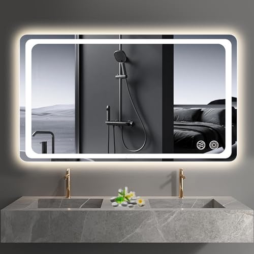 TWSOUL Badspiegel mit Beleuchtung, LED Spiegel mit Beleuchtung, 3 Lichtfarben Dimmbar, Badezimmerspiegel, Touch-Steuerung, Beschlagfrei (60 x 80 cm) von TWSOUL