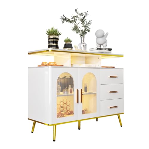 TWSOUL Buffetschrank mit LED, Küchenschrank mit Auto-Sensor 20 Farbe Lichter Kommode Wohnzimmer mit 3 Schubladen und 2 Türen Konsolentisch mit Ladestation Weiß Küchen Schrank für Küche, Esszimmer TWSOUL Buffetschrank mit LED, Küchenschrank mit Auto-Sensor 20 Farbe Lichter Kommode Wohnzimmer mit 3 Schubladen und 2 Türen Konsolentisch mit Ladestation Weiß Küchen Schrank für Küche, Esszimmer von TWSOUL