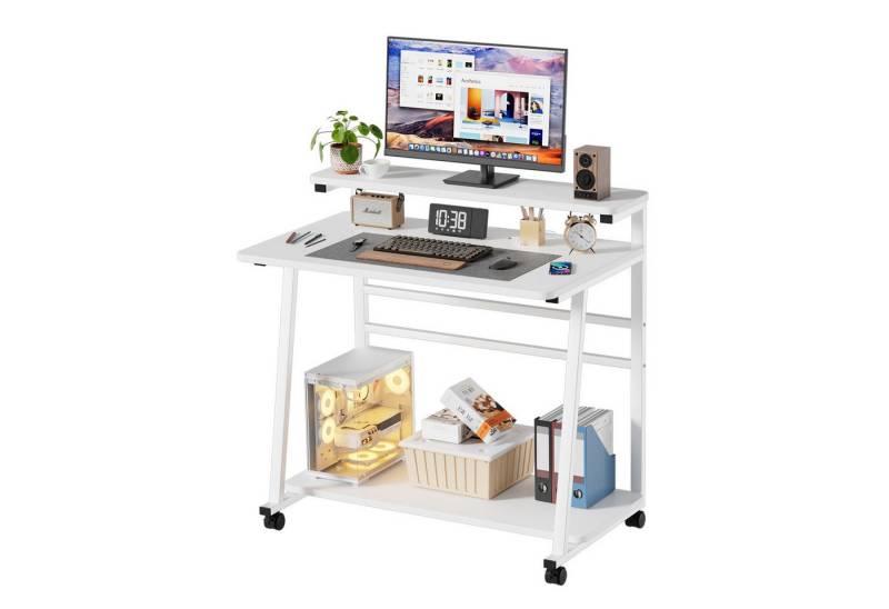TWSOUL Computertisch Schreibtisch auf Rollen mit Ablagefächer, PC Tisch platzsparend, H-förmige Mobiler Laptoptisch Für Homeoffice & Wohnzimmer von TWSOUL