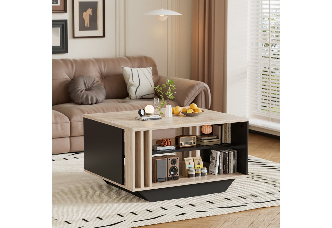 TWSOUL Couchtisch Beistelltisch Wohnzimmertisch Sofatisch Tisch mit modernen Lamellen, mit RGB - Lichtschleife und Stauraum, 80*60cm, Anthrazit von TWSOUL
