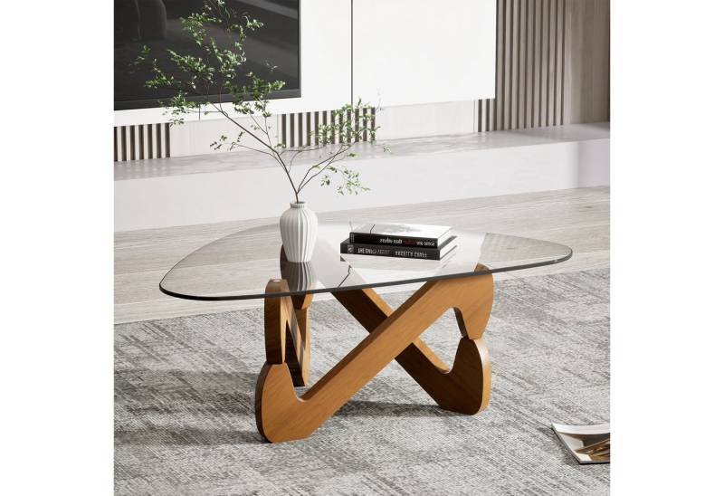 TWSOUL Couchtisch Gehärtete Glasplatte Durchsichtig Wohnzimmertisch Massivholzsockel, Dreieckiger moderner Beistelltisch, Vintage-Platte Balkon von TWSOUL