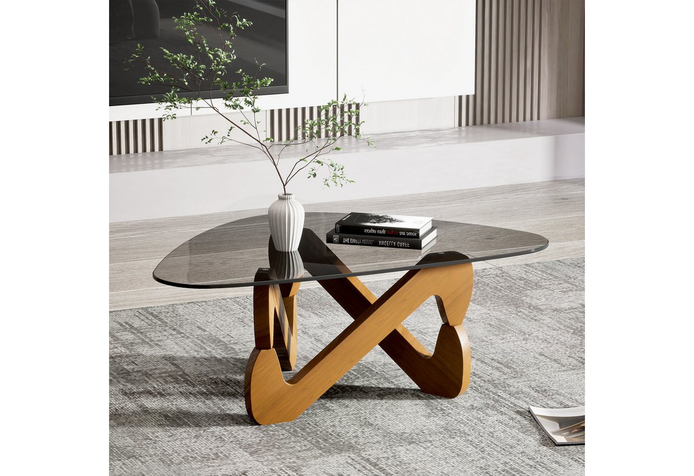 TWSOUL Couchtisch Gehärtete Glasplatte Durchsichtig Wohnzimmertisch Massivholzsockel, Dreieckiger moderner Beistelltisch, Vintage-Platte Balkon TWSOUL Couchtisch Gehärtete Glasplatte Durchsichtig Wohnzimmertisch Massivholzsockel, Dreieckiger moderner Beistelltisch, Vintage-Platte Balkon von TWSOUL