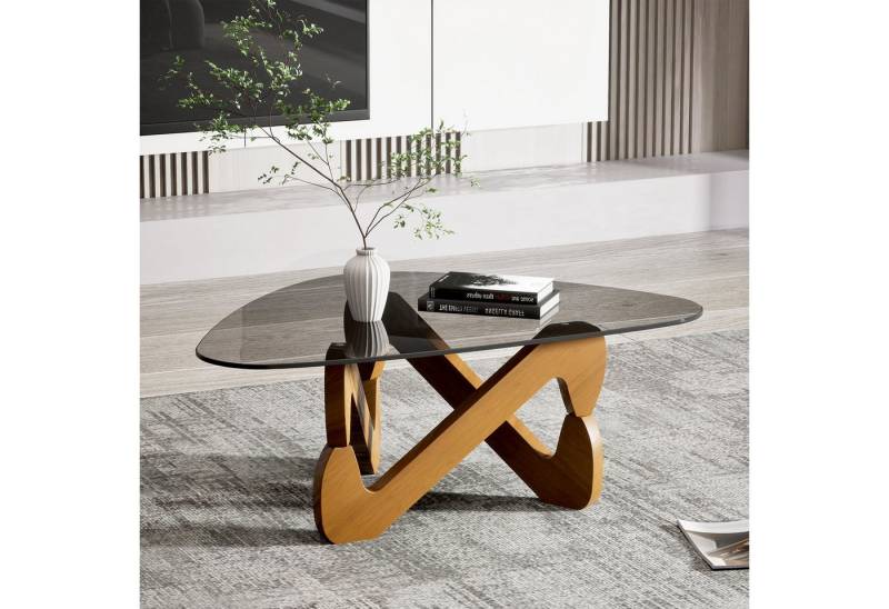TWSOUL Couchtisch Gehärtete Glasplatte Durchsichtig Wohnzimmertisch Massivholzsockel, Dreieckiger moderner Beistelltisch, Vintage-Platte Balkon von TWSOUL
