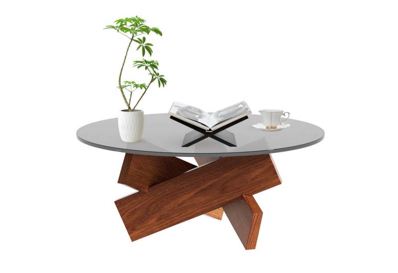 TWSOUL Couchtisch Gehärtetem Glas Wohnzimmertisch, Dreieckige Massivholzsockel, Ø 70/80cm, H 31/41cm, Modern Wohnzimmer Tisch von TWSOUL