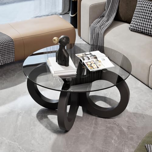 TWSOUL Couchtisch Glas, Runde Couchtische, Stylisher Glastisch mit Geschwungenem Gestell, Modern Wohnzimmertisch, Ausgefallene Couchtische, 80cm, für Wohnzimmer (Schwarze Tischbeine) von TWSOUL