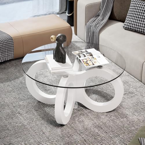 TWSOUL Couchtisch Glas, Runde Couchtische, Stylisher Glastisch mit Geschwungenem Gestell, Modern Wohnzimmertisch, Ausgefallene Couchtische, 80cm, für Wohnzimmer (Weiße Tischbeine) von TWSOUL