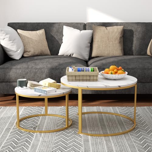 TWSOUL Couchtisch Rund 2er Set, Couchtisch Marmor Wohnzimmertisch Rund mit Metallgestell Beistelltisch Set Marmor Optik für Wohnzimmer Balkon Büro 80x45.5cm+60x38cm (Gold) von TWSOUL