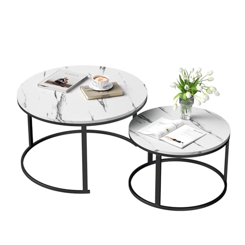 TWSOUL Couchtisch Rund 2er Set, Couchtisch Marmor Wohnzimmertisch Rund mit Metallgestell Beistelltisch Set Marmor Optik für Wohnzimmer Balkon Büro 80x45.5cm+60x38cm (Schwarz) von TWSOUL