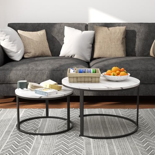 TWSOUL Couchtisch Rund 2er Set, Couchtisch Marmor Wohnzimmertisch Rund mit Metallgestell Beistelltisch Set Marmor Optik für Wohnzimmer Balkon Büro 80x45.5cm+60x38cm (Schwarz) von TWSOUL