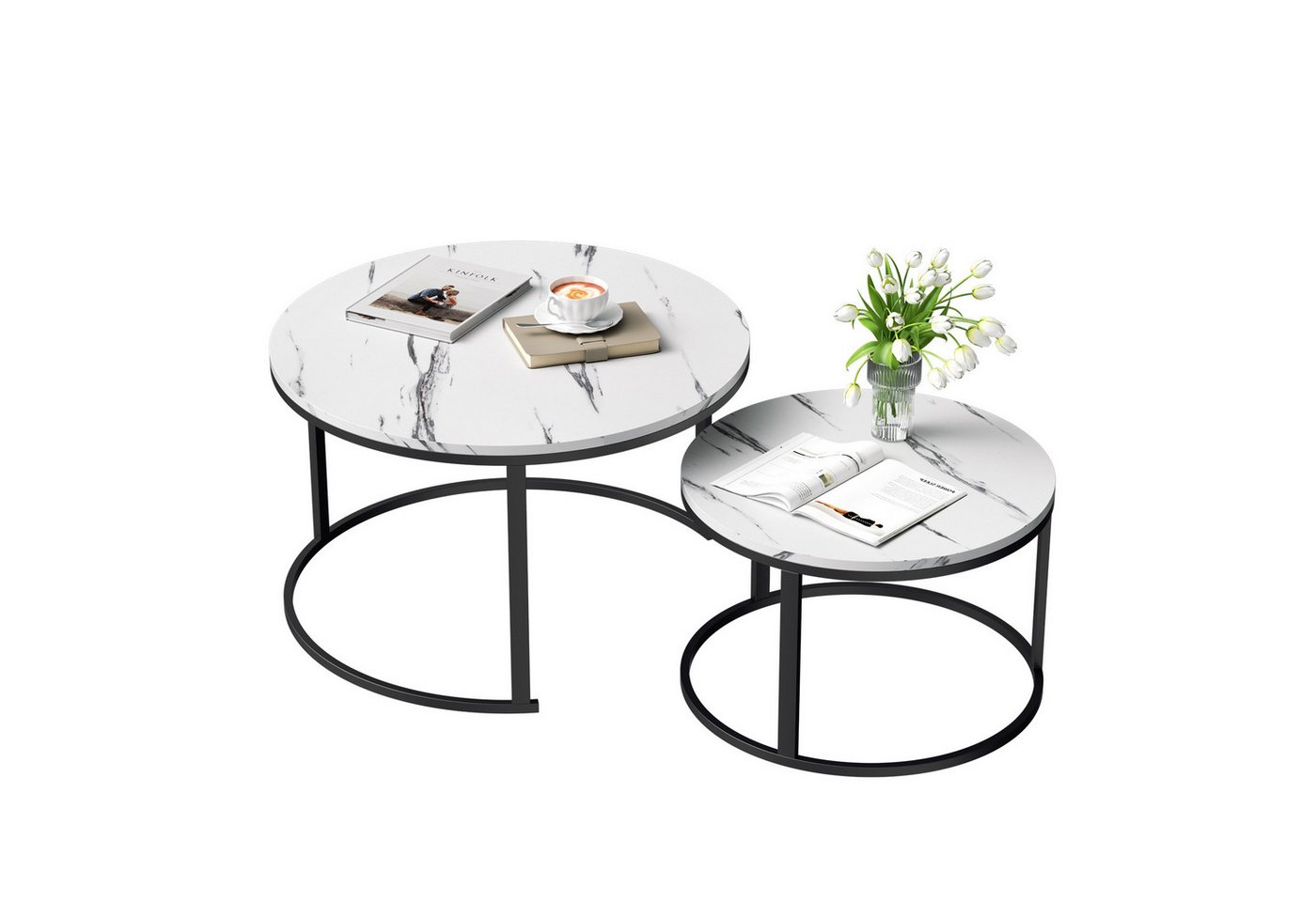 TWSOUL Couchtisch Rund Kaffeetisch 2er Set mit Marmormuster, 80 x 45.5cm + 60 x 38cm von TWSOUL