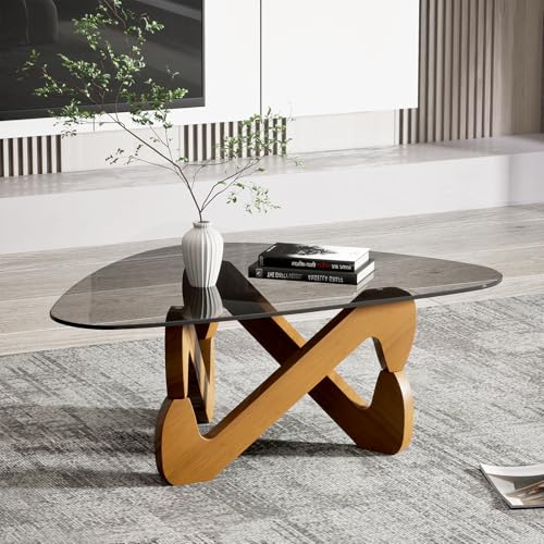 TWSOUL Dreieckiger Couchtisch aus Glas, Modern Wohnzimmertisch, Durchsichtig Couchtisch mit Holz Base, Ausgefallene Kaffeetisch für Wohnzimmer (Grauschwarz) von TWSOUL
