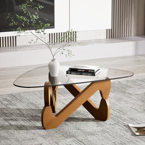 TWSOUL Dreieckiger Couchtisch aus Glas, Modern Wohnzimmertisch, Durchsichtig Couchtisch mit Holz Base, Ausgefallene Kaffeetisch für Wohnzimmer (Transparent) von TWSOUL