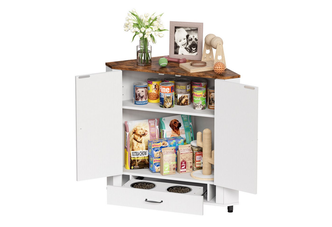TWSOUL Eckkommode Futterstation 2in1 Lagerschrank, verstellbarer Fachboden mit Stauraum, mit 2 Edelstahlnäpfen und 4 Haken, Für Hunde und Katzen 85*86cm von TWSOUL