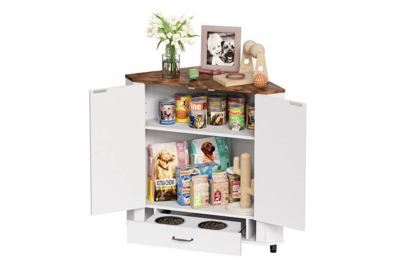 TWSOUL Eckkommode Futterstation 2in1 Lagerschrank, verstellbarer Fachboden mit Stauraum, mit 2 Edelstahlnäpfen und 4 Haken, Für Hunde und Katzen 85*86cm von TWSOUL