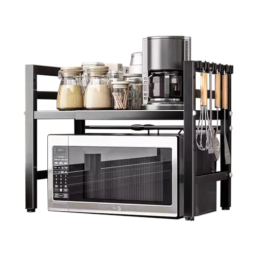 TWSOUL Erweiterbares Mikrowellen Regal, Mikrowellenständer mit 6 Haken, Mikrowellenhalter aus Kohlenstoffstahl, Flexibel Ausziehbar, für Arbeitsplatte, Küchenorganizer (Schwarz, 2-Stufiges) von TWSOUL