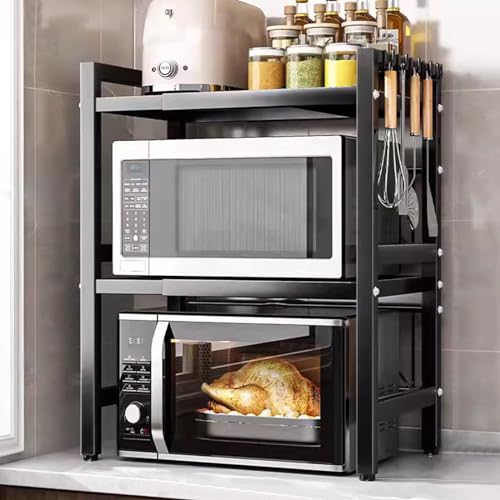 TWSOUL Erweiterbares Mikrowellen Regal, Mikrowellenständer mit 6 Haken, Mikrowellenhalter aus Kohlenstoffstahl, Flexibel Ausziehbar, für Arbeitsplatte, Küchenorganizer (Schwarz, 3-Stufiges) von TWSOUL