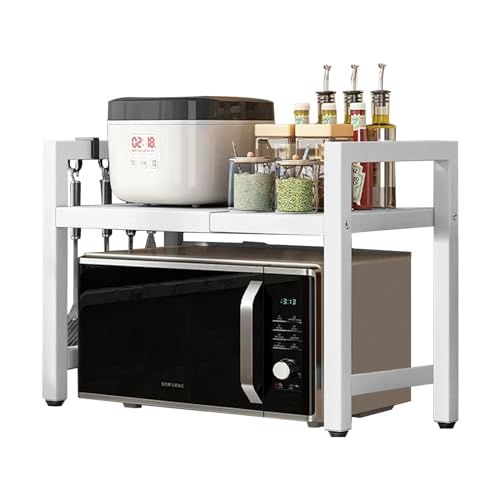 TWSOUL Erweiterbares Mikrowellen Regal, Mikrowellenständer mit 6 Haken, Mikrowellenhalter aus Kohlenstoffstahl, Flexibel Ausziehbar, für Arbeitsplatte, Küchenorganizer (Weiß, 2-Stufiges) von TWSOUL