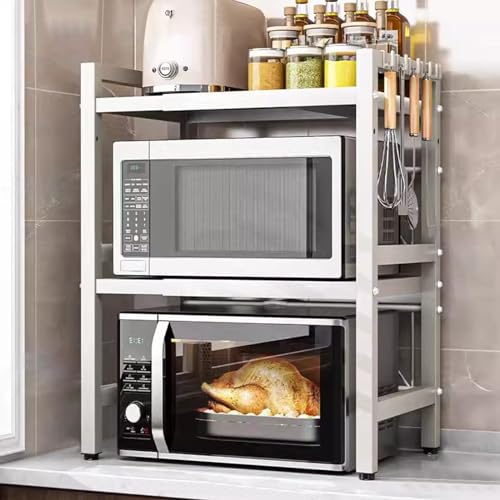 TWSOUL Erweiterbares Mikrowellen Regal, Mikrowellenständer mit 6 Haken, Mikrowellenhalter aus Kohlenstoffstahl, Flexibel Ausziehbar, für Arbeitsplatte, Küchenorganizer (Weiß, 3-Stufiges) von TWSOUL
