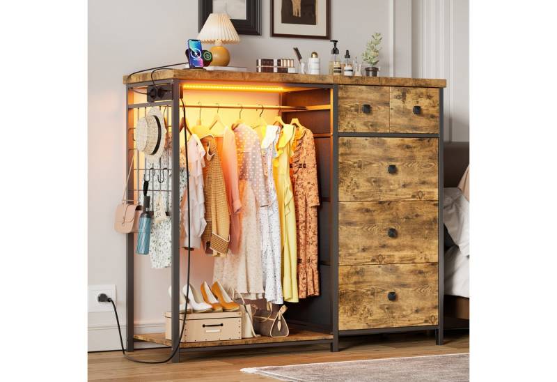 TWSOUL Garderoben-Set 3-in-1 Schubladenschrank 5 Schublade, mit LED, 2 USB & 2 AC-Steckdosen, Kommode Kleiderstange für Schlafzimmer Diele & Wohnzimmer, 125CM von TWSOUL