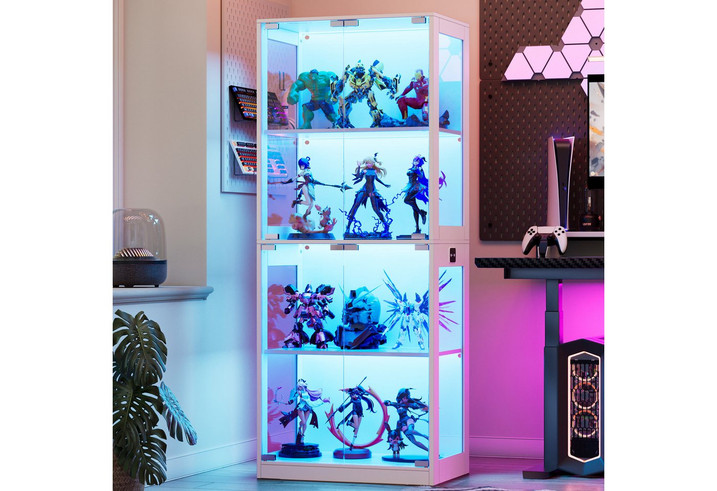 TWSOUL Glasvitrine LED Standvitrine mit Intelligente Sensorik und Pop-up-Design bis 100kg 4-Lagen Standregal mit Glastür, Hochschrank Vitrine für Sammler von TWSOUL