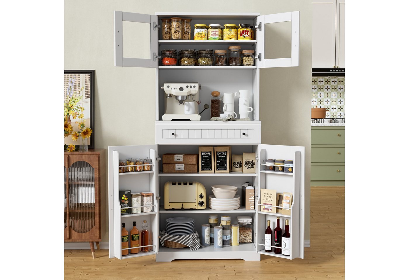 TWSOUL Küchenbuffet Küchenschrank,Modernes Sideboard,Anrichte,Weiß mit Vitrine & Arbeitsfläche,76cn*28cm*183cm TWSOUL Küchenbuffet Küchenschrank,Modernes Sideboard,Anrichte,Weiß mit Vitrine & Arbeitsfläche,76cn*28cm*183cm von TWSOUL