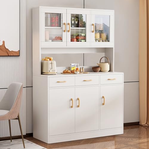 TWSOUL Küchenschrank, 170cm Buffetschrank, Vitrinenschrank mit Arbeitsplatte, Küchenbuffet mit Glastüren und 3 Schubladen, Hochschrank Küchenbuffet für Küche Esszimmer Wohnzimmer von TWSOUL