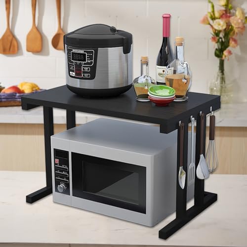 TWSOUL Mikrowellen Regal, 2 Stufiges, Stehend Mikrowellenregal, Mikrowellenhalter aus Kohlenstoffstahl, Küchenaufbewahrung Organizer mit 4 Haken, für Arbeitsplatte (Schwarz) von TWSOUL