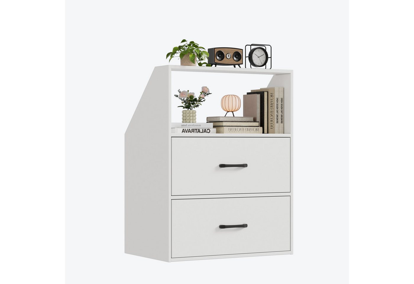 TWSOUL Regal Dachschrägenregal,Dachschrägenschrank mit 2 Schubladen & offenem Fach, Weiß – Platzsparender Schrägschrank für Dachzimmer von TWSOUL