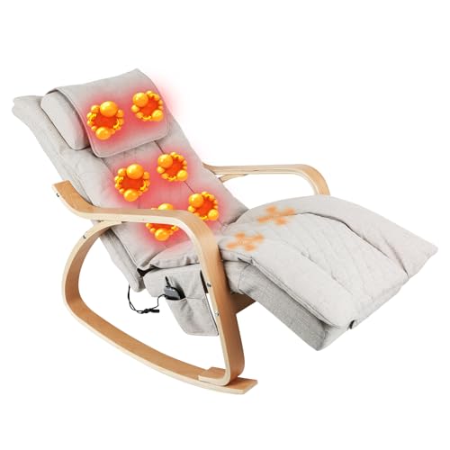 TWSOUL Schaukelstuhl mit Heizmassage, 2-in-1 Schaukelsessel 5-Fach Verstellbare Fußstütze Relaxsessel Massagesessel mit Fernbedienung und Seitentasche Beige Schaukelstuhl Wohnzimmer von TWSOUL