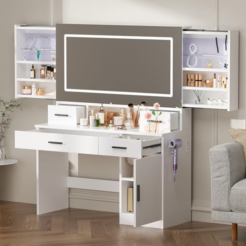 TWSOUL Schminktisch mit LED Beleuchtung, Schminktisch mit Spiegel Einstellbarer Helligkeit Kosmetiktisch mit Steckdosen 4 Schubladen für Mädchen, Frauen, Schlafzimmer, Weiß von TWSOUL