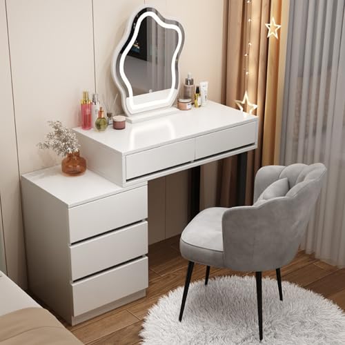 TWSOUL Schminktisch mit LED-Beleuchtung, Verstellbare Helligkeit, 3 Farben, Schminktisch mit Spiegel für Schlafzimmer, 5 Schubladen, Moderner Stil, Weiß von TWSOUL