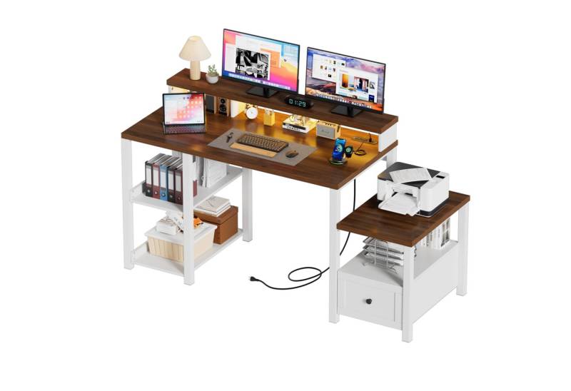 TWSOUL Schreibtisch Gamingtisch mit Schublade und Steckdosen, Tablett mit Ständer, mit LED, 155x89cm, Druckerablage Homeoffice-Computertisch Holz von TWSOUL
