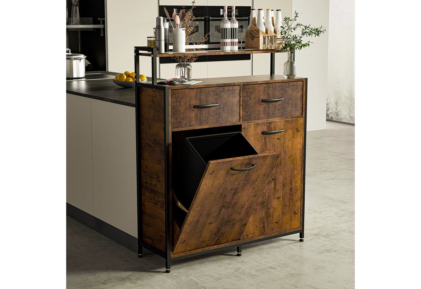 TWSOUL Sideboard Küchenschrank, Ausziehbarer Abfallschrank mit 2 Schubladen und Regal von TWSOUL