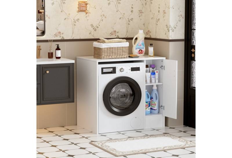 TWSOUL Waschmaschinenumbauschrank Waschmaschinenumbauschrank mit Seitenschrank,96cm*62cm*90cm geeignet für Waschmaschine, mit Stauraum & Ablagefläche, Weiß von TWSOUL