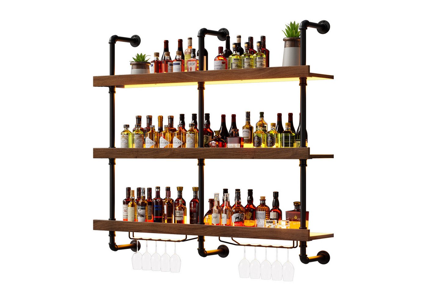 TWSOUL Weinregal Schwebende Wandregal Massivholz mit LED-Beleuchtung, 120*120cm, Weinpareite Display Rack für Bars/Restaurants/Küchen, bis 100 kg von TWSOUL