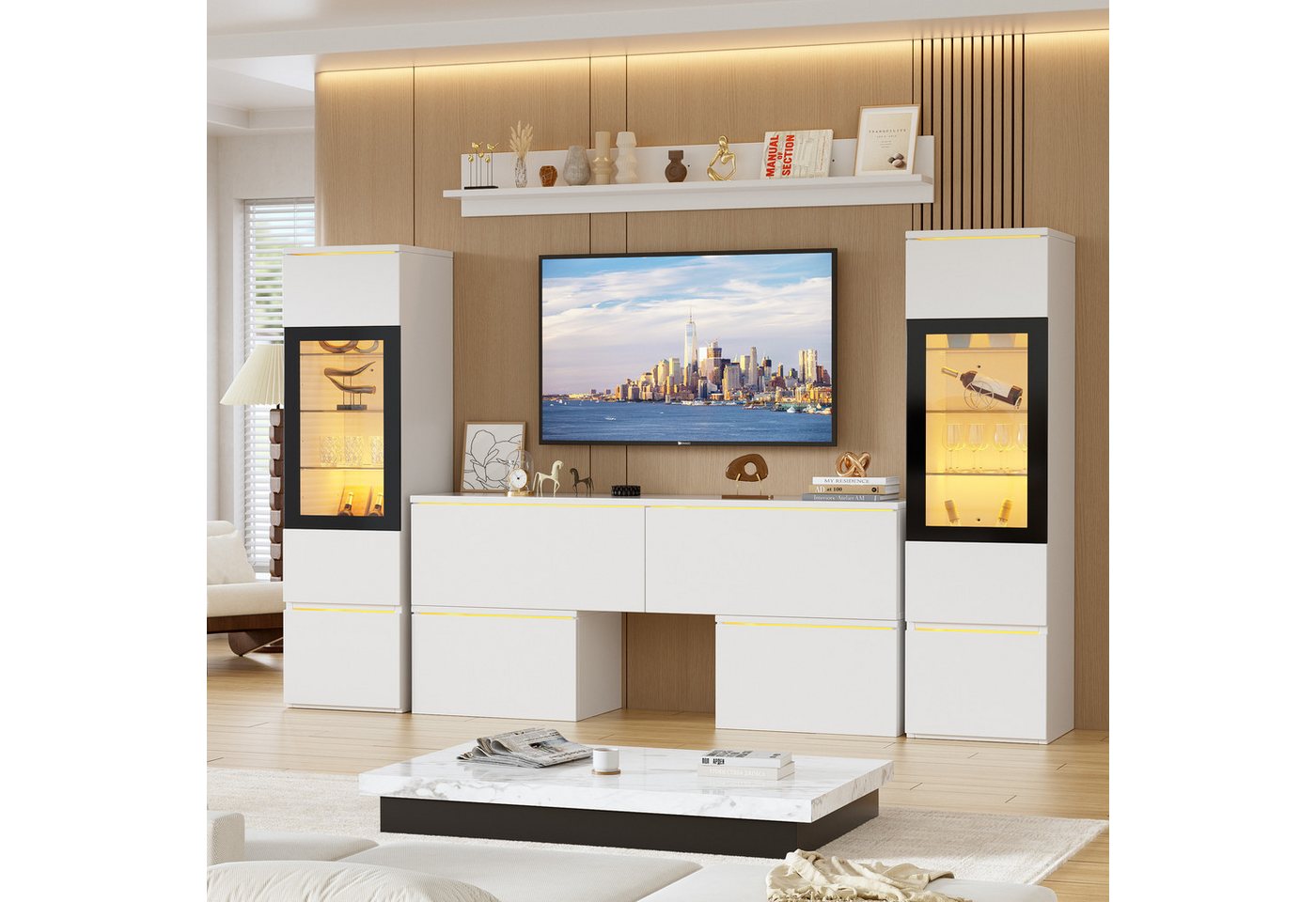 TWSOUL Wohnwand Wohnwand mit LED-Beleuchtung, TV-Wand bis 60 Zoll, (Komplett-Set (4-teilig), Vitrine mit Glas & Stauraum von TWSOUL