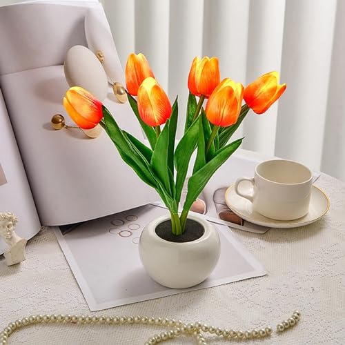 Tulpe Nachtlicht mit Keramikvase, Tulpe Lampe Tisch, Simulation Tulpe LED Tischlichter für Haus Wohnzimmer Desktop Dekor, Geschenke für Freunde (Orange) von TWSOUL